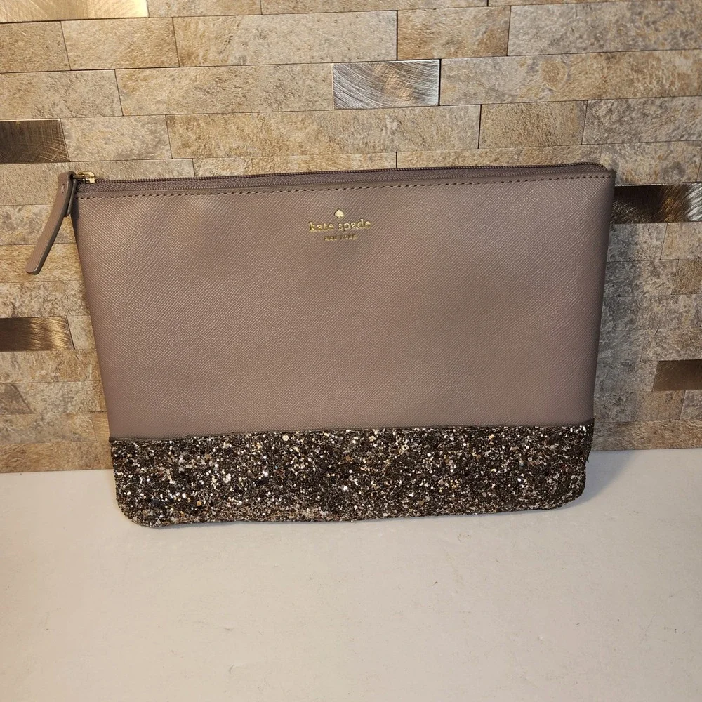 Kate Spade New York Taupe Saffiano Leather Glitter Large Cosmetic Pouch WLRU5216
